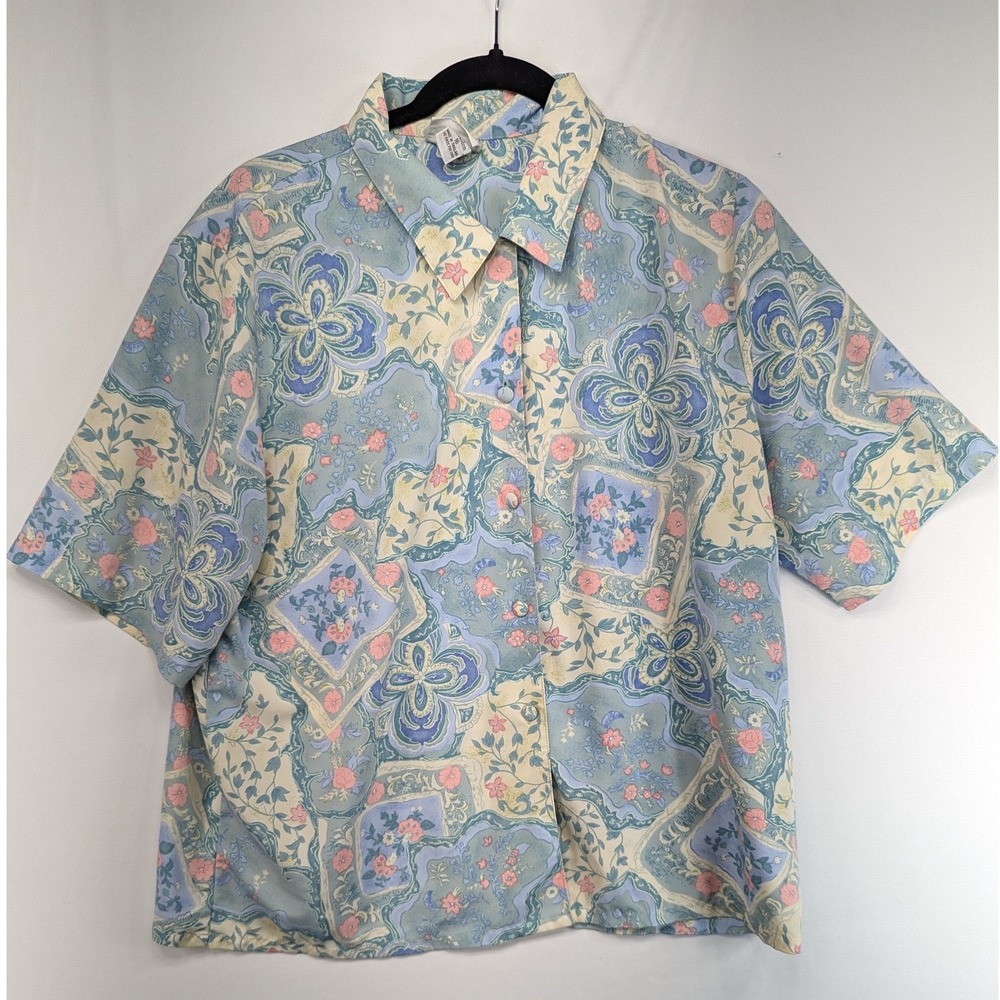 Koret Petites Vintage Pastel Floral Paisley Button Up Blouse Blue Pink Size 16